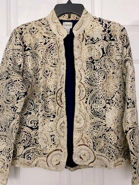 Chico’s Dressy 100% Silk Beaded Blue and Gold Open Jacket Size1